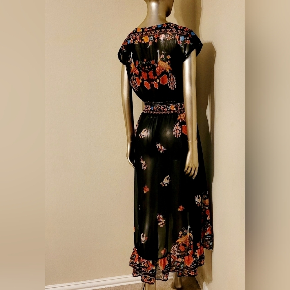 NWOT Floral Shirred Waist Tie Front Ruffle Hem Boho Sheer Dress Sz M - Picture 11 of 16